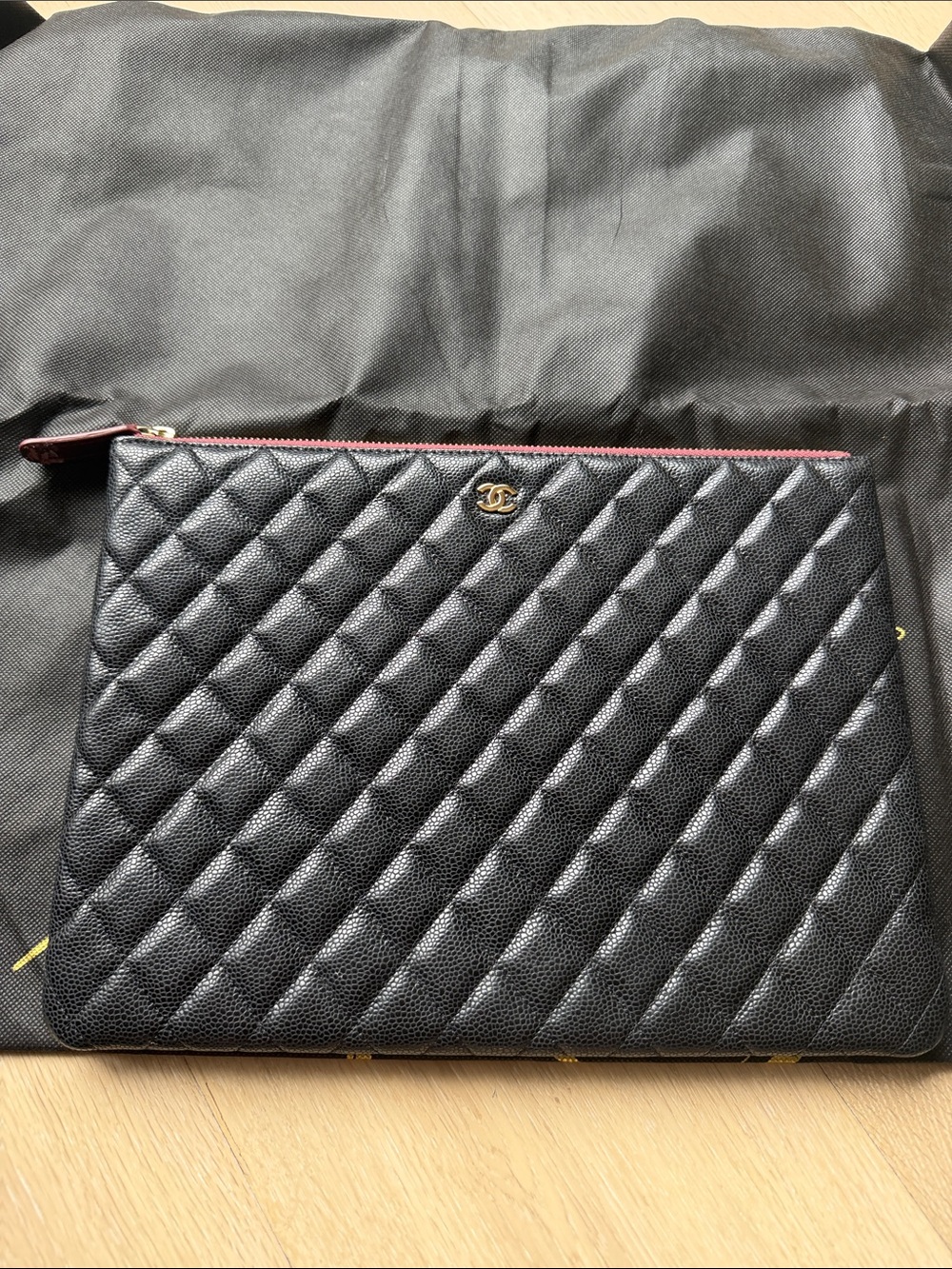 CHANEL Black Quilted Caviar Leather Toiletry Pouch with Burgundy Trim